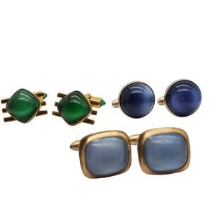 3 Retro Pairs Green Blue Moonglow Cufflinks Gold Tone Swank Correct Quality